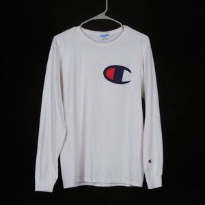 Vintage Champion Big Logo White Long Sleeve Tee Medium